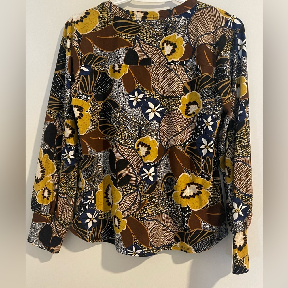 K&C Floral Keyhole Neck Long Sleeve Blouse - Mustard/Navy/Brown - Size Medium - Picture 3 of 8